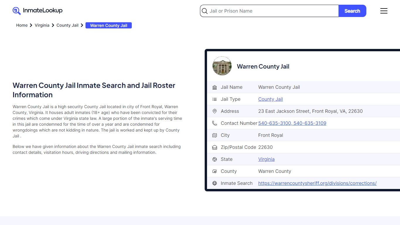 Warren County Jail Inmate Search - Front Royal Virginia - Inmate Lookup